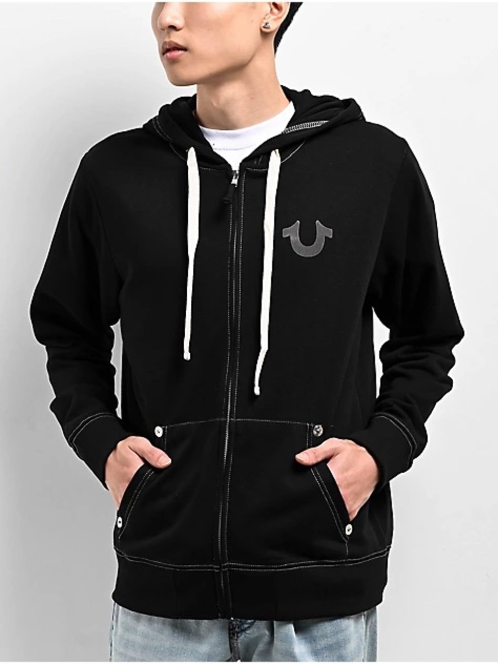 True Religion Black Zip Hoodie with White Drawstrings L